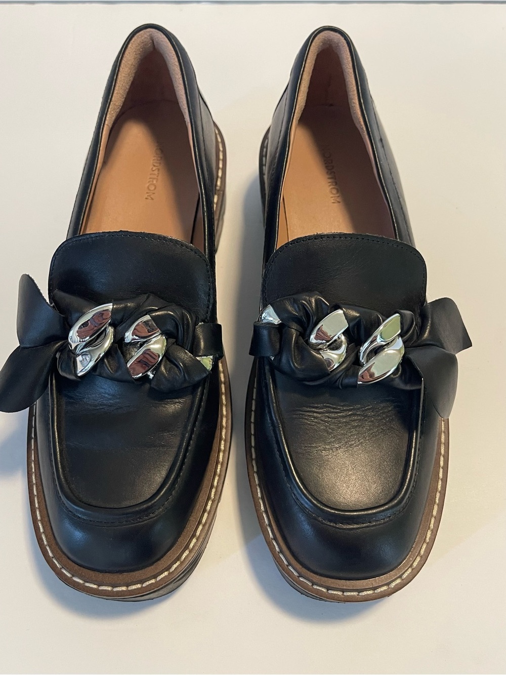 Nordstrom Loafers Chunky Platform Leather Size 7 Silver Chain Hardware - Picture 7 of 16